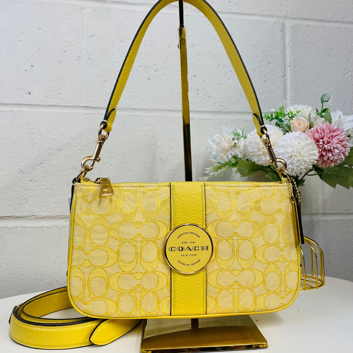 Coach C8306 Lonnie Baguette In Signature Jacquard In Gold/Retro Yellow Coach C8306 Lonnie Baguette In Signature Jacquard In Gold/Retro Yellow